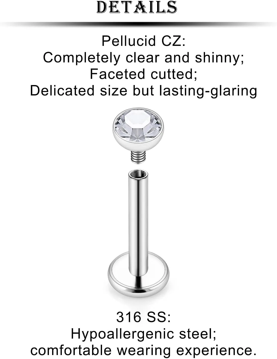 Kridzisw 16G Lip Labret Medusa Rings Studs Internally Threaded 316L Surgical Steel Snake Bite Lip Rings Flat Back Catilage Tragus Helix Daith Earrings Piercings Jewelry for Women Men 8mm
