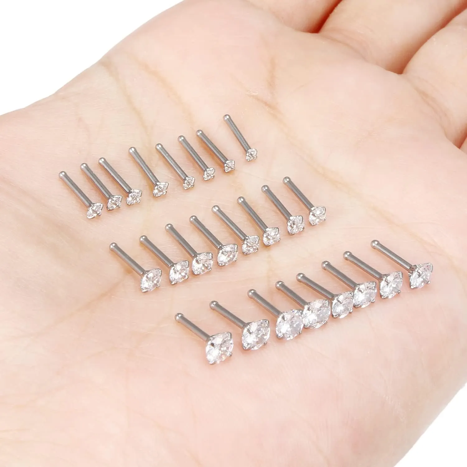 Kridzisw 18G 20G 22G Nose Rings Studs Stainless Steel Cubic Zirconia Nose Nostril Piercing Jewelry for Women Men CZ Size 1.5mm 2mm 2.5mm 3mm 3.5mm 4mm 24Pcs