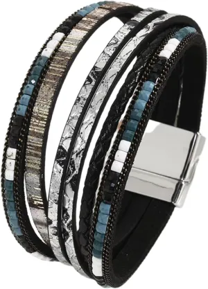KunBead Sparkly Leather Wrap Bracelets for Women Handmade Braided Boho Multilayer Bracelet Wristband Cuff Bangle Boho Bohemian