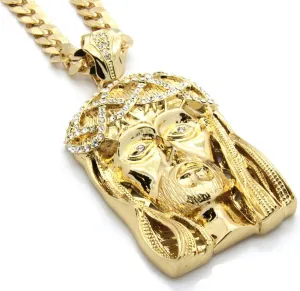 L & L Nation Mens Gold Tone Large Crowned Jesus Pendant with 30" 10mm brass-plated-gold Cuban Chain Necklace