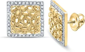 Large Square Shape 14K Yellow Gold Plated 925 Sterling Silver Retro 90's Hip Hop Ice Out Cz Hypoallergenic Big Solid Gold Textured Nugget Stud Screw Back Post Earrings For Men