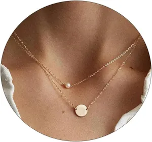 Layered Necklace for Women 14K Gold Plated Dainty Trendy Pearl Link Chain Coin Disc Pendant Necklace Different Length Adjustable Choker Necklace Jewelry Gifts for Women