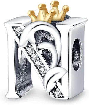 Letter Alphabet A to Z Crown Bead Charm Compatible for Women Bracelets Necklaces in 925 Sterling Silver with CZ Charms,Mother's Day Birthday Women Jewelry