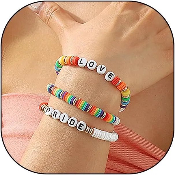 LGBT Rainbow Pride Bracelet Stackable Preppy Heishi Clay Beaded Stretch Bracelets Layer Letter Elastic Bracelet Friendship Jewelry Gifts for Women Men