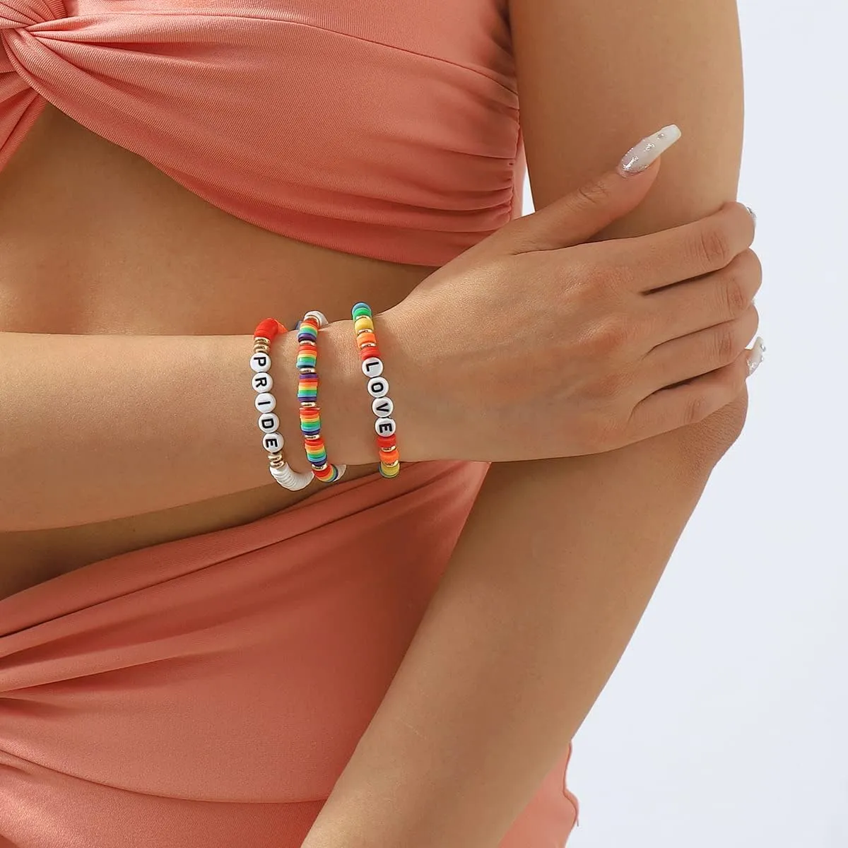 LGBT Rainbow Pride Bracelet Stackable Preppy Heishi Clay Beaded Stretch Bracelets Layer Letter Elastic Bracelet Friendship Jewelry Gifts for Women Men