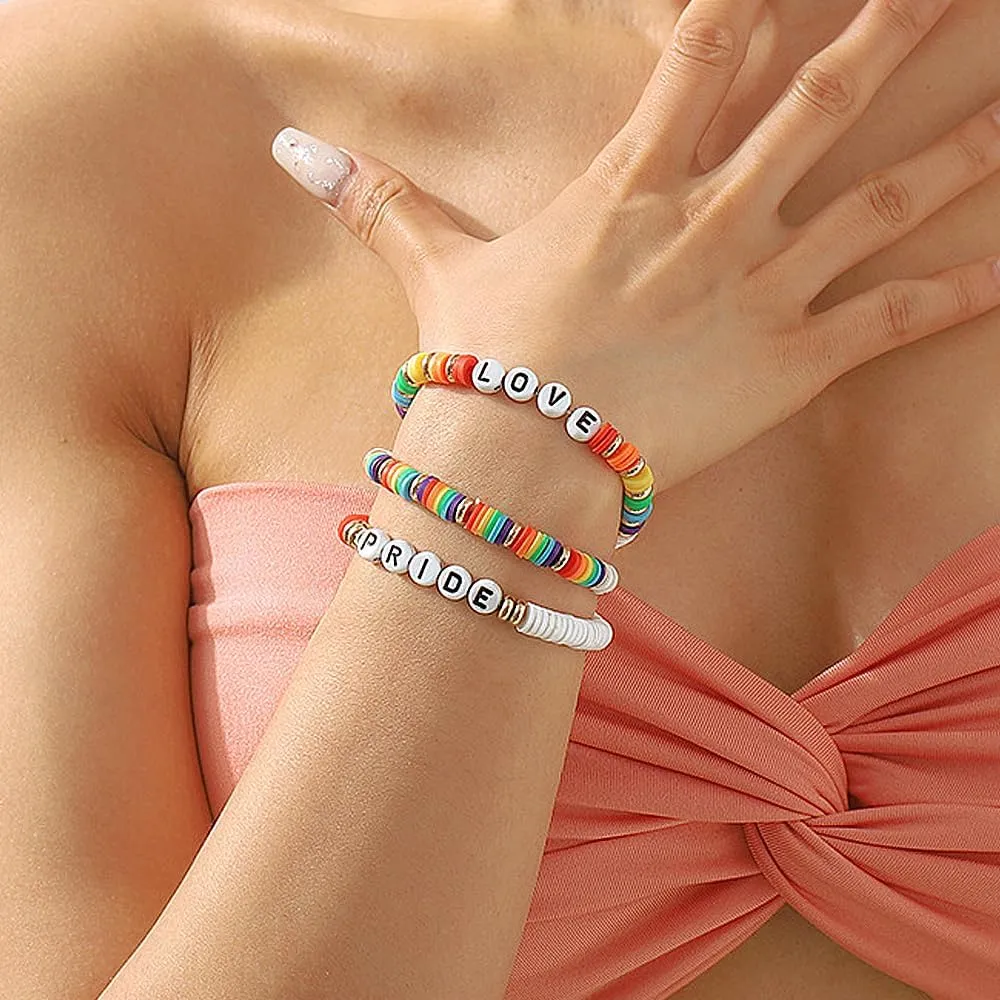 LGBT Rainbow Pride Bracelet Stackable Preppy Heishi Clay Beaded Stretch Bracelets Layer Letter Elastic Bracelet Friendship Jewelry Gifts for Women Men