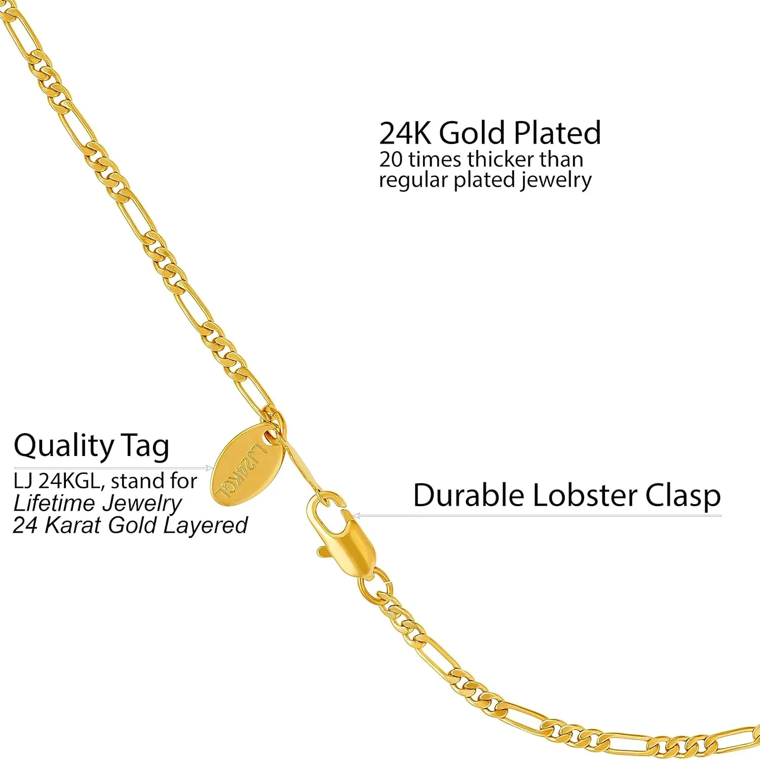 LIFETIME JEWELRY Womens Gold Anklet 2.5mm Figaro Chain Ankle Bracelets 24K Gold Plated