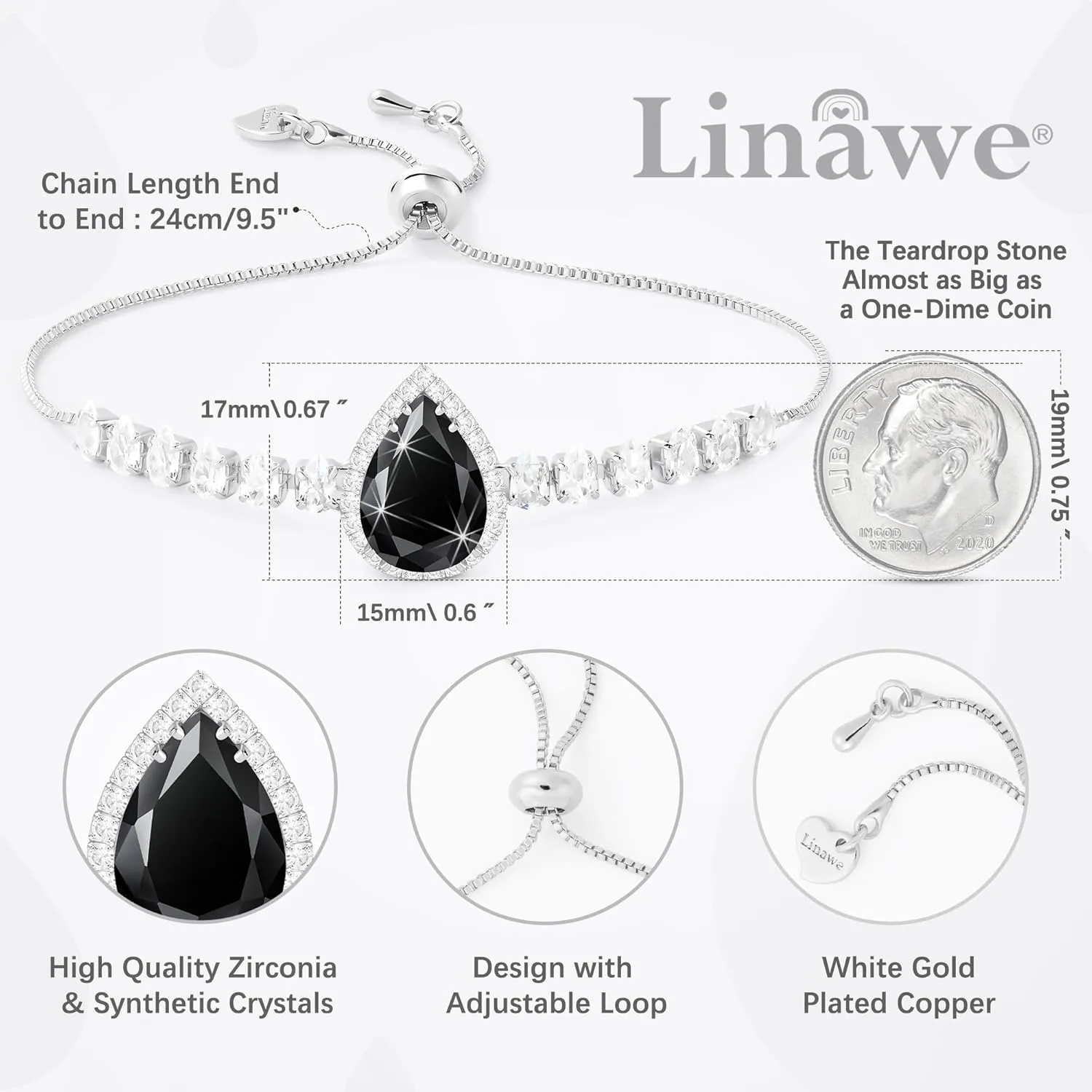 Linawe Crystal Imitation Diamond Rhinestone Charm Bracelets for Women, Gold/Silver/Rose Gold Adjustable Chain Bracelet, Teardrop Birthstone Cubic Zirconia Prom Costume Wedding Jewelry
