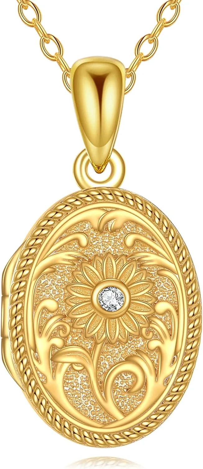 Locket Necklace 925 Sterling Silver That Holds Pictures Gold Flower Photo Locket Pendant Necklaces With Picture Flower Photo Jewelry Gifts for Women Mother
