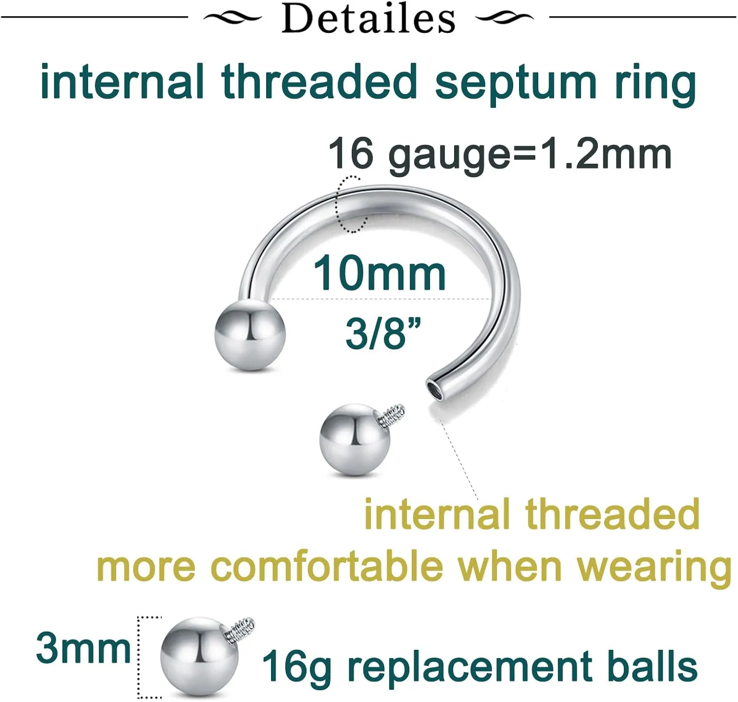 Longita Internally Threaded Septum Ring Silver Black Gold Septum Rings 16G Septum Piercing Surgical Steel Septum Jewelry Septum Nose Rings 16 Gauge Small Septum Ring Horseshoe with Replacement Balls