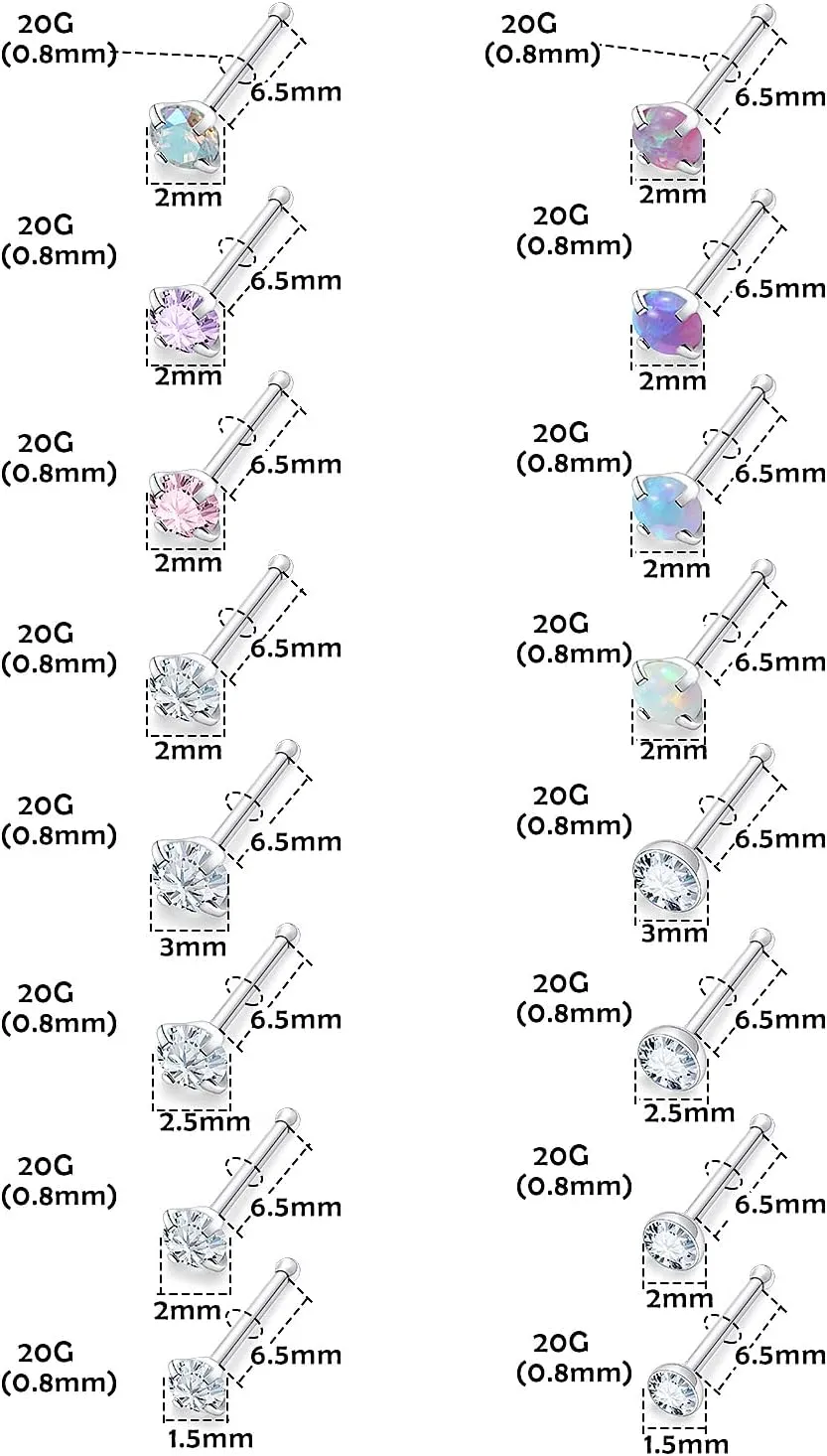 Lsnevsie 18G 20G 22G Stainless Steel Opal Nose Rings Studs for Women Men Nose Piercing Jewelry Top Diamond 1.5mm 2mm 2.5mm 3mm