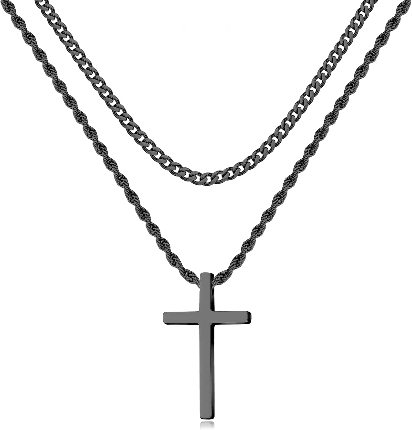LUXEJEW Black Cross Necklace for Men, Mens Necklace Stainless Steel Cuban Link Chain Rope Chain Cross Pendant Necklaces for Men Baptism Communion Confirmation Christian Jewelry Gifts