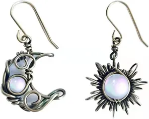 MALOYANVE Boho Opal Sun and Moon Drop Dangle Earrings Moonstone Natural Stone Hook Bohemian for Women Asymmetrical Antiqued Silver Celestial Jewelry