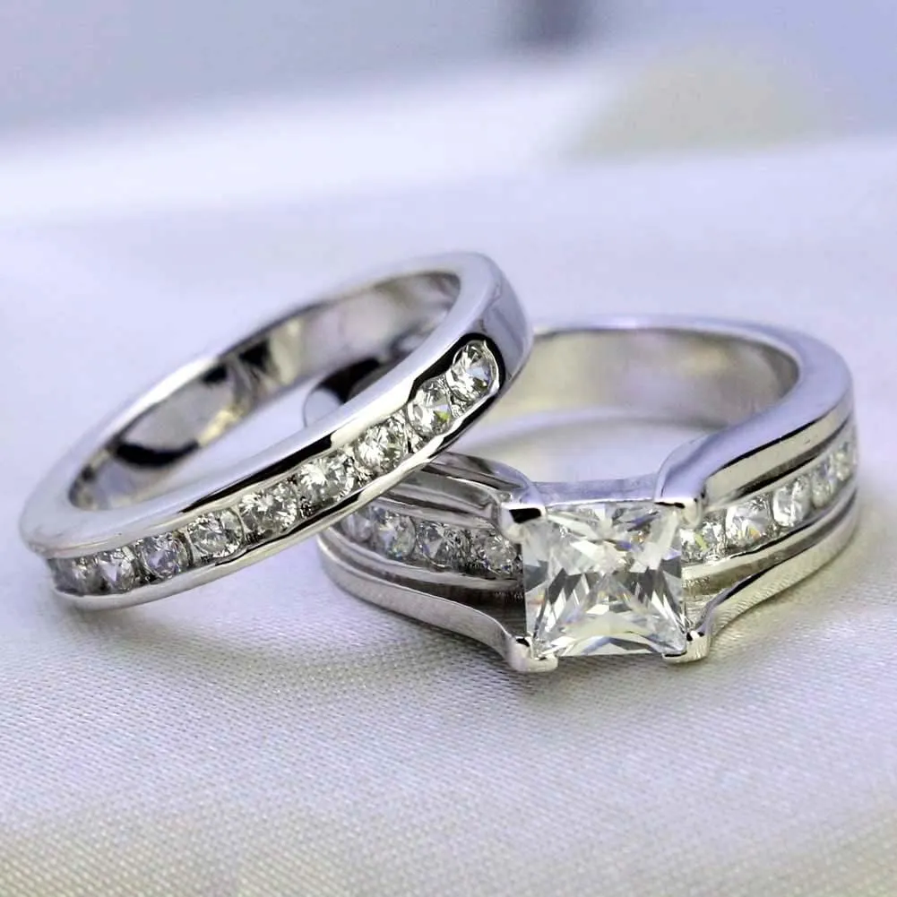 MASHAN Couple Rings His Her Wedding Ring Sets Matching Rings White Gold Plated AAA CZ Ring Mens Wedding Bands