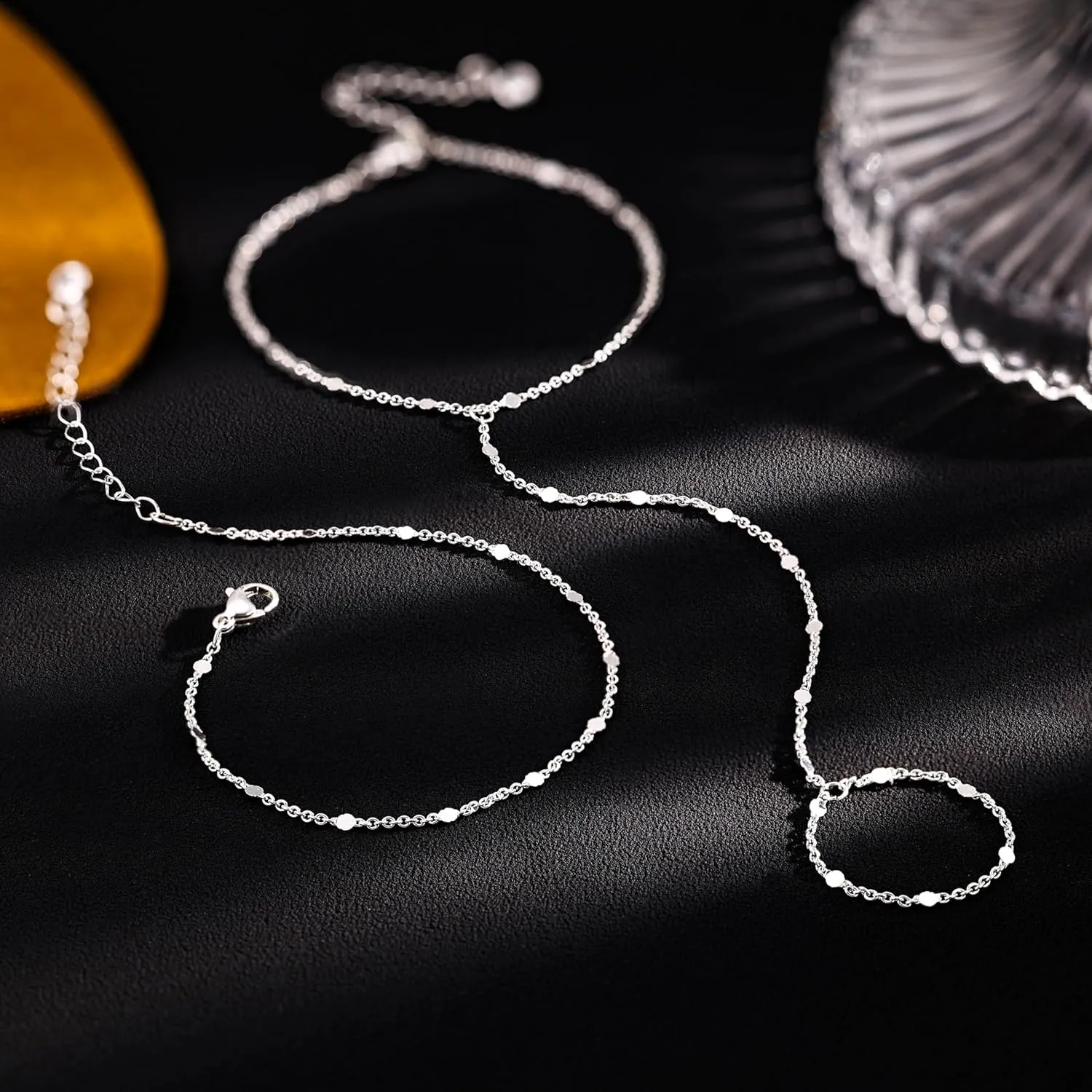 MBW Silver Beaded Hand Chain Bracelets, Dainty Stackable Finger Rings 14K Gold Plated/Silver Layered Bracelets for Women Trendy Non Tarnish Satellite Bead Adjustable Bracelet Fashion Jewelry Gifts