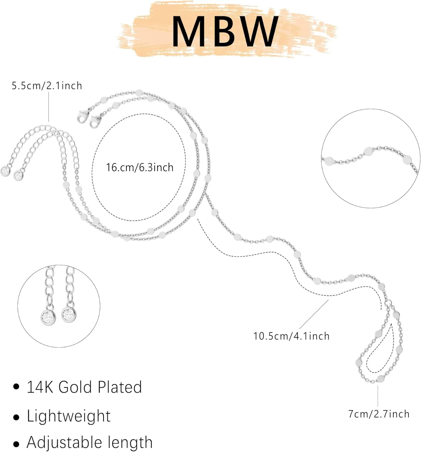 MBW Silver Beaded Hand Chain Bracelets, Dainty Stackable Finger Rings 14K Gold Plated/Silver Layered Bracelets for Women Trendy Non Tarnish Satellite Bead Adjustable Bracelet Fashion Jewelry Gifts