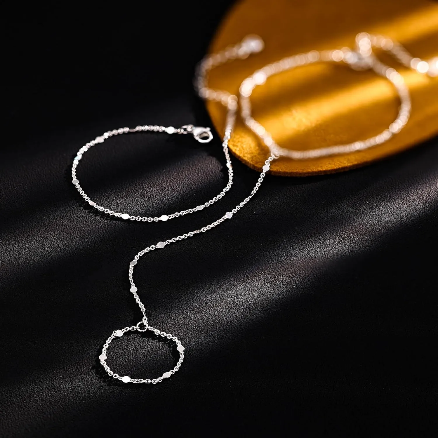 MBW Silver Beaded Hand Chain Bracelets, Dainty Stackable Finger Rings 14K Gold Plated/Silver Layered Bracelets for Women Trendy Non Tarnish Satellite Bead Adjustable Bracelet Fashion Jewelry Gifts