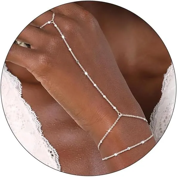 MBW Silver Beaded Hand Chain Bracelets, Dainty Stackable Finger Rings 14K Gold Plated/Silver Layered Bracelets for Women Trendy Non Tarnish Satellite Bead Adjustable Bracelet Fashion Jewelry Gifts