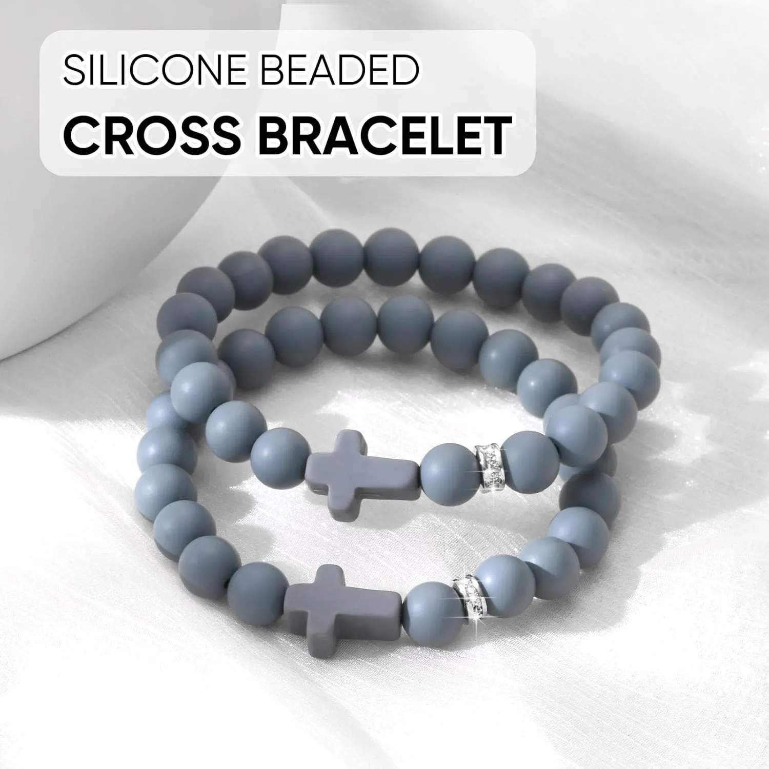 MEALGUET 2 Pcs Silicone Cross Bracelet for Men Women,Comfort Rubber Cross Beaded Silicone Bracelet Set Stretch Jesus Wristband, Faith Religious Christian Catholic Jewelry Gifts