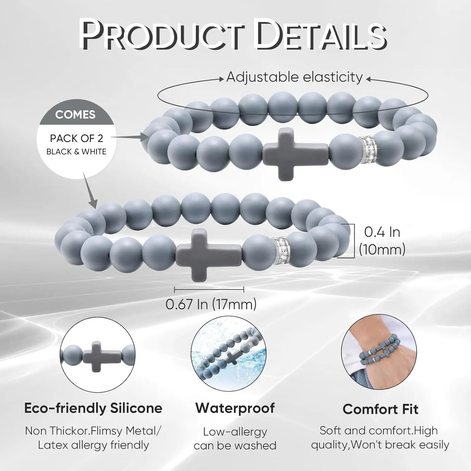 MEALGUET 2 Pcs Silicone Cross Bracelet for Men Women,Comfort Rubber Cross Beaded Silicone Bracelet Set Stretch Jesus Wristband, Faith Religious Christian Catholic Jewelry Gifts