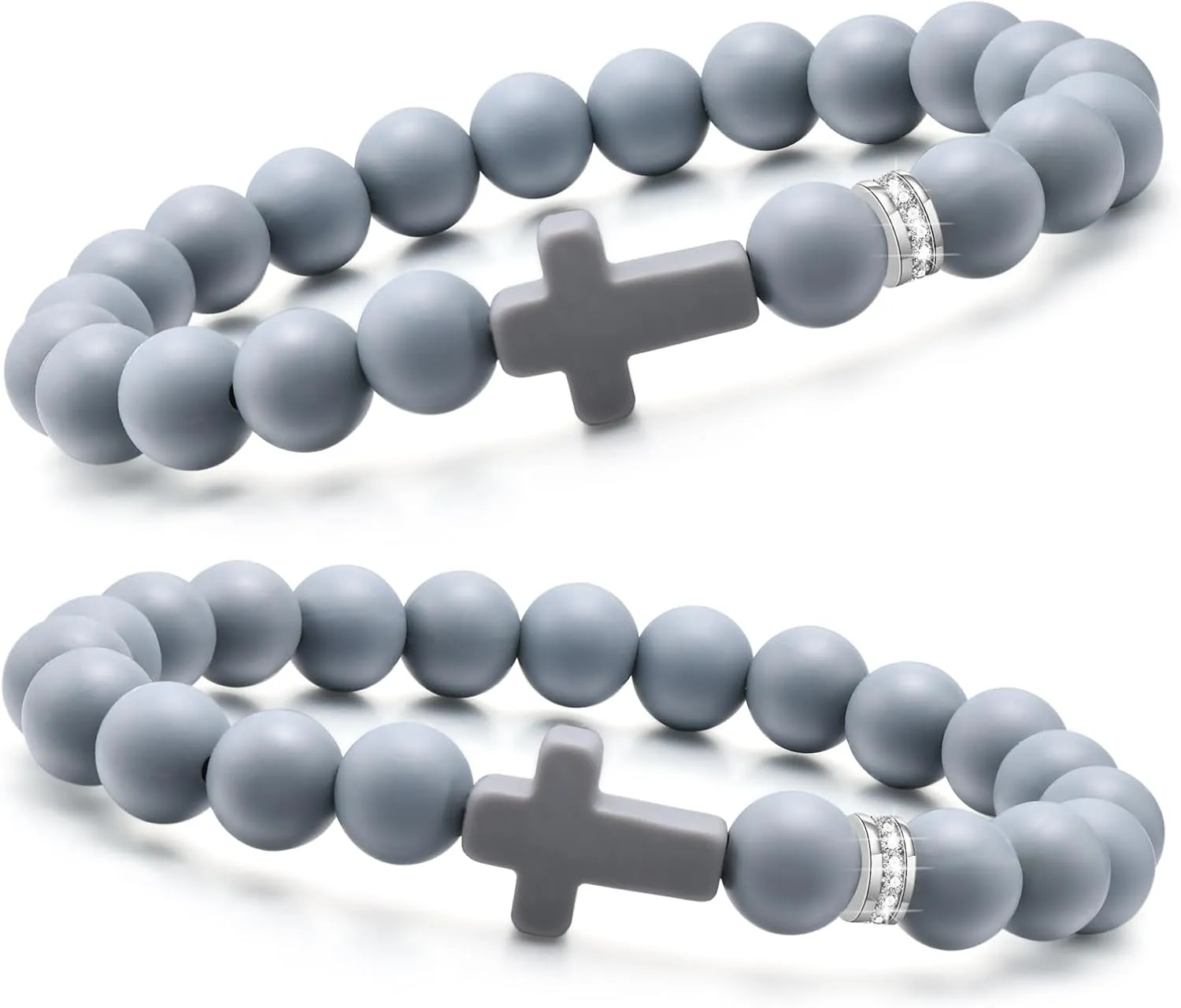 MEALGUET 2 Pcs Silicone Cross Bracelet for Men Women,Comfort Rubber Cross Beaded Silicone Bracelet Set Stretch Jesus Wristband, Faith Religious Christian Catholic Jewelry Gifts