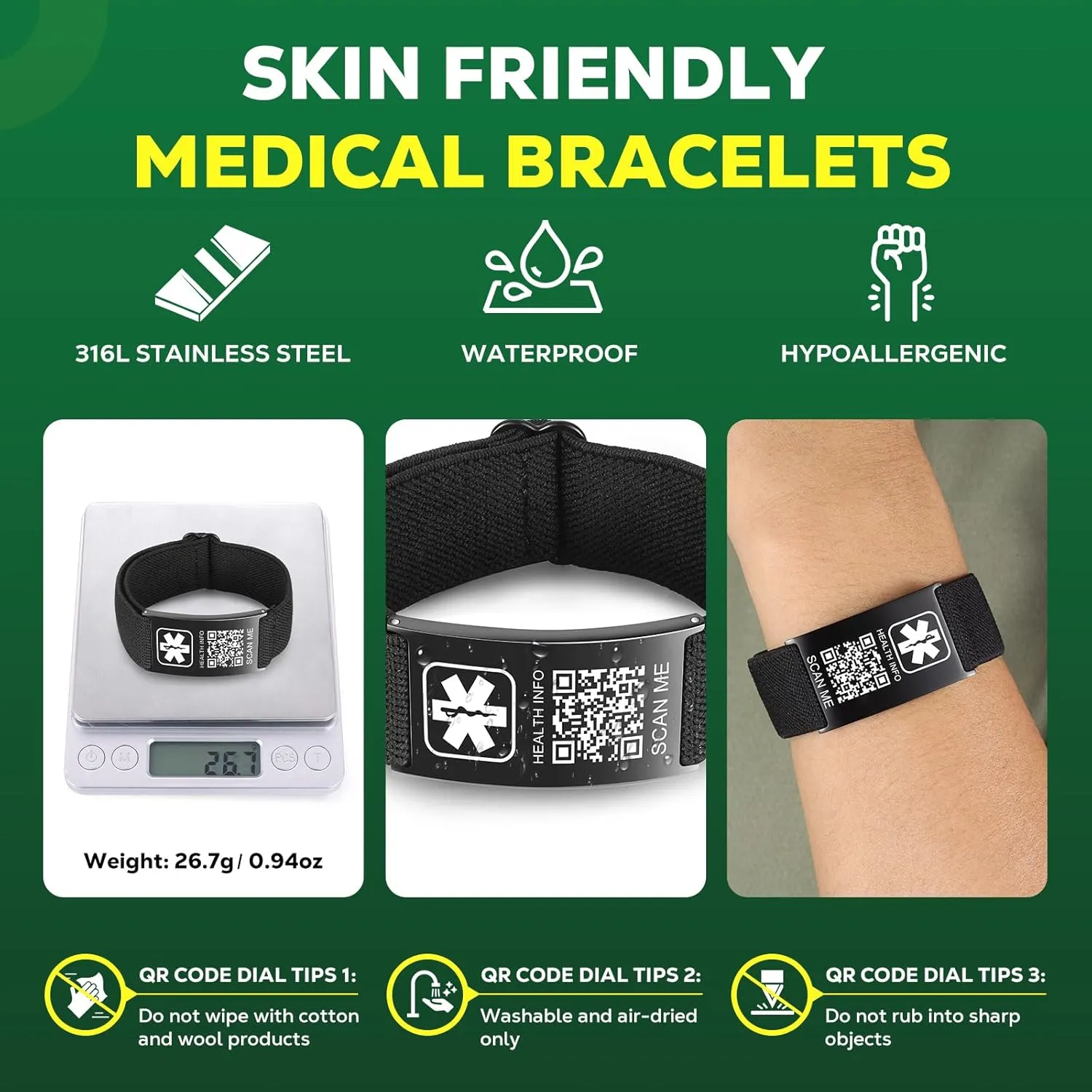 Medical Bracelets for Sport Men Women with QR Code Medical Alert ID Bracelets - Nylon Waterproof Wristband Fits Wrists Up to 7 inches - More Space Custom Emergency Medic ID Alert Info (Black)