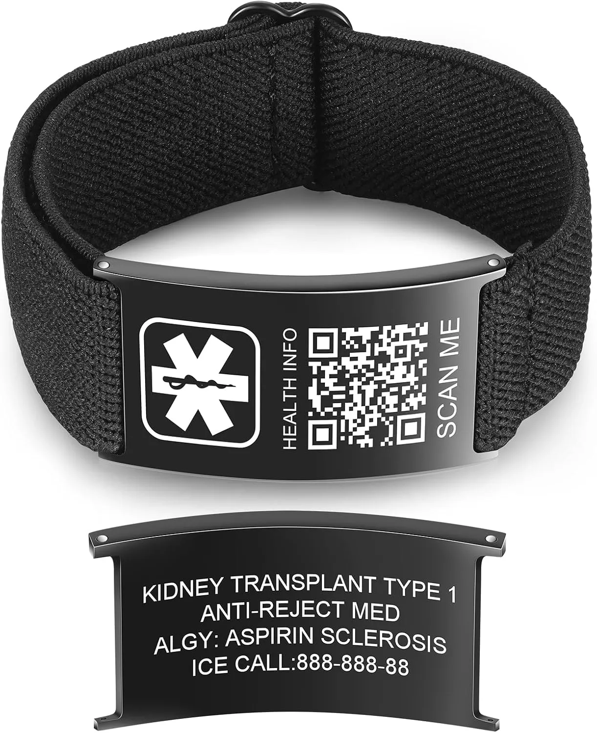 Medical Bracelets for Sport Men Women with QR Code Medical Alert ID Bracelets - Nylon Waterproof Wristband Fits Wrists Up to 7 inches - More Space Custom Emergency Medic ID Alert Info (Black)