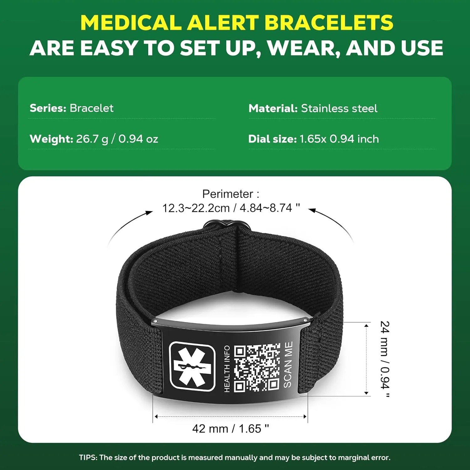 Medical Bracelets for Sport Men Women with QR Code Medical Alert ID Bracelets - Nylon Waterproof Wristband Fits Wrists Up to 7 inches - More Space Custom Emergency Medic ID Alert Info (Black)