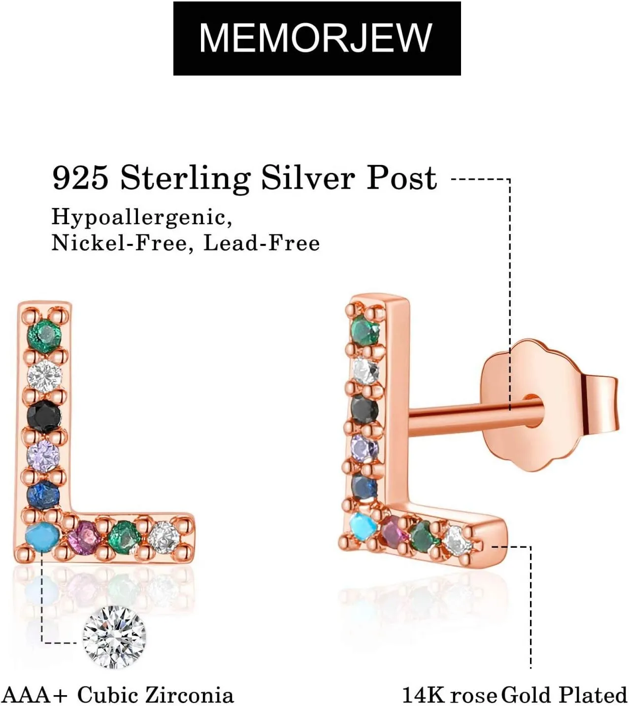 Memorjew Initial Stud Earrings for Women, Hypoallergenic 925 Sterling Silver Post Rainbow Cubic Zirconia Gold Plated 26 Initial Earrings for Women Jewelry Gifts