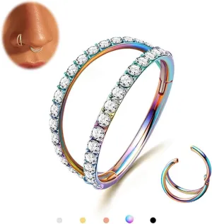 MILACOLATO G23 Titanium Nose Rings Hoops 16G 18G 20G Double Hoop Septum Click Nose Rings Lip Rook Lobe Tragus Helix Cartilage Daith Conch Earrings Clear CZ Paved Nose Piercing Jewelry for Women Men