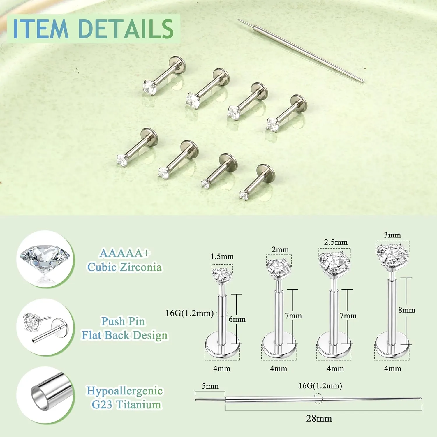 MILACOLATO G23 Titanium Threadless Flat Back Earrings Studs Hypoallergenic 14K Gold Filled Nose Rings Studs 20G/18G/16G Labret Studs Lip Ring Push in Helix Tragus Medusa Monroe Piercing Jewelry