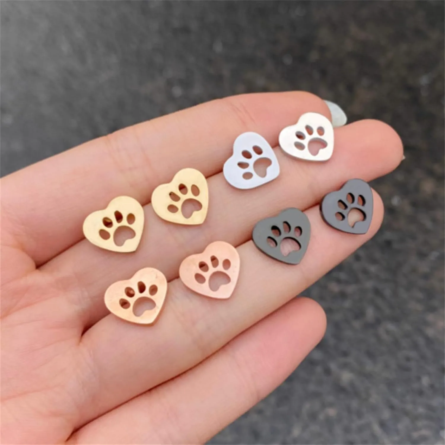 Minimalist Paw Small Stud Earrings Stainless Steel Cute Heart Shaped Puppy Dog Cat Animal Paw Print Footprint Tiny Sleeper Earrings for Women Pet Lovers Birthday Party Holiday Jewelry Gifts
