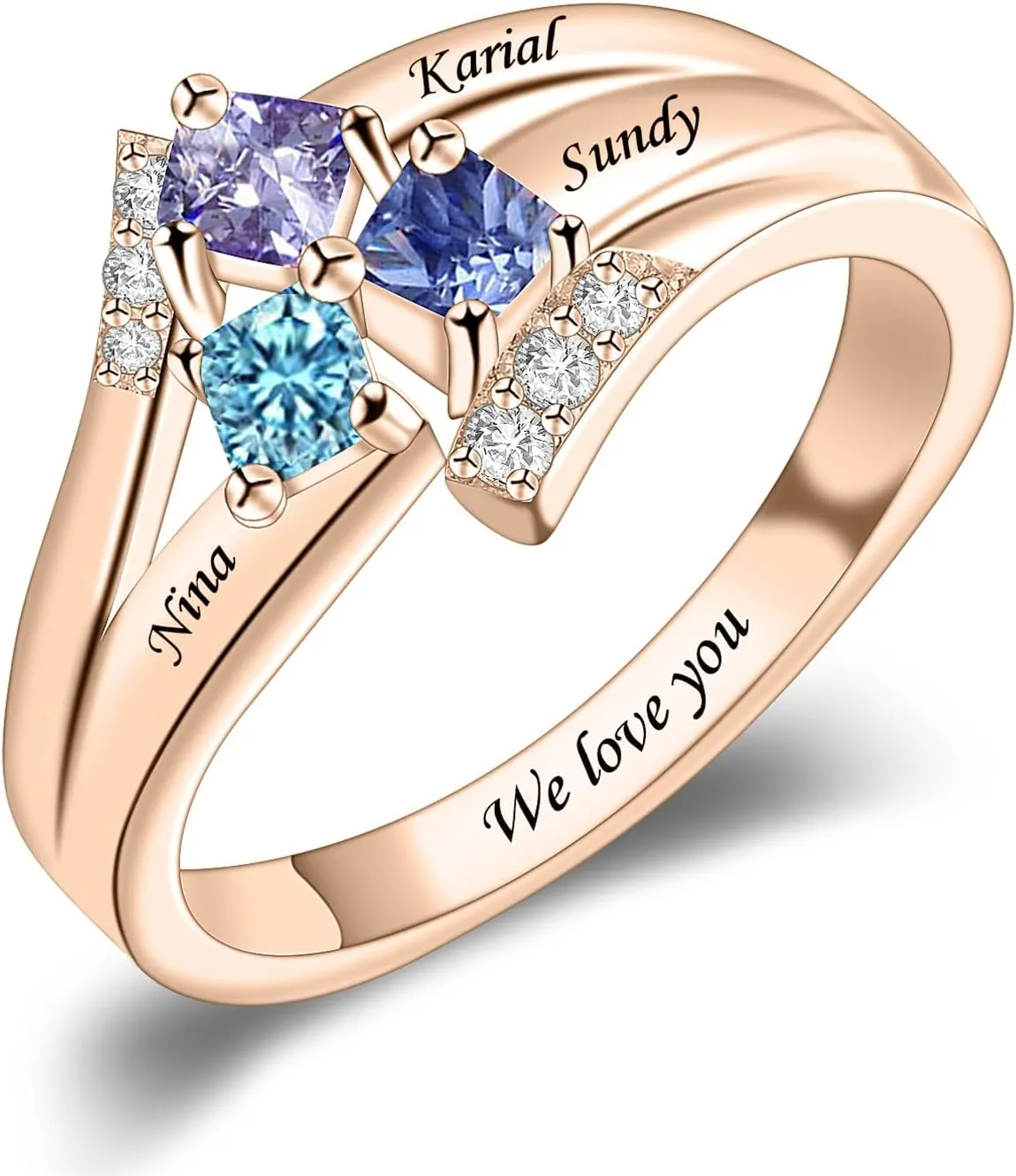 MissNaNa 925 Sterling Silver Personalized Mothers Rings with Simulated Birthstones Engraved 1-6 Family Names Mother's Day Rings Custom Family Rings for Women