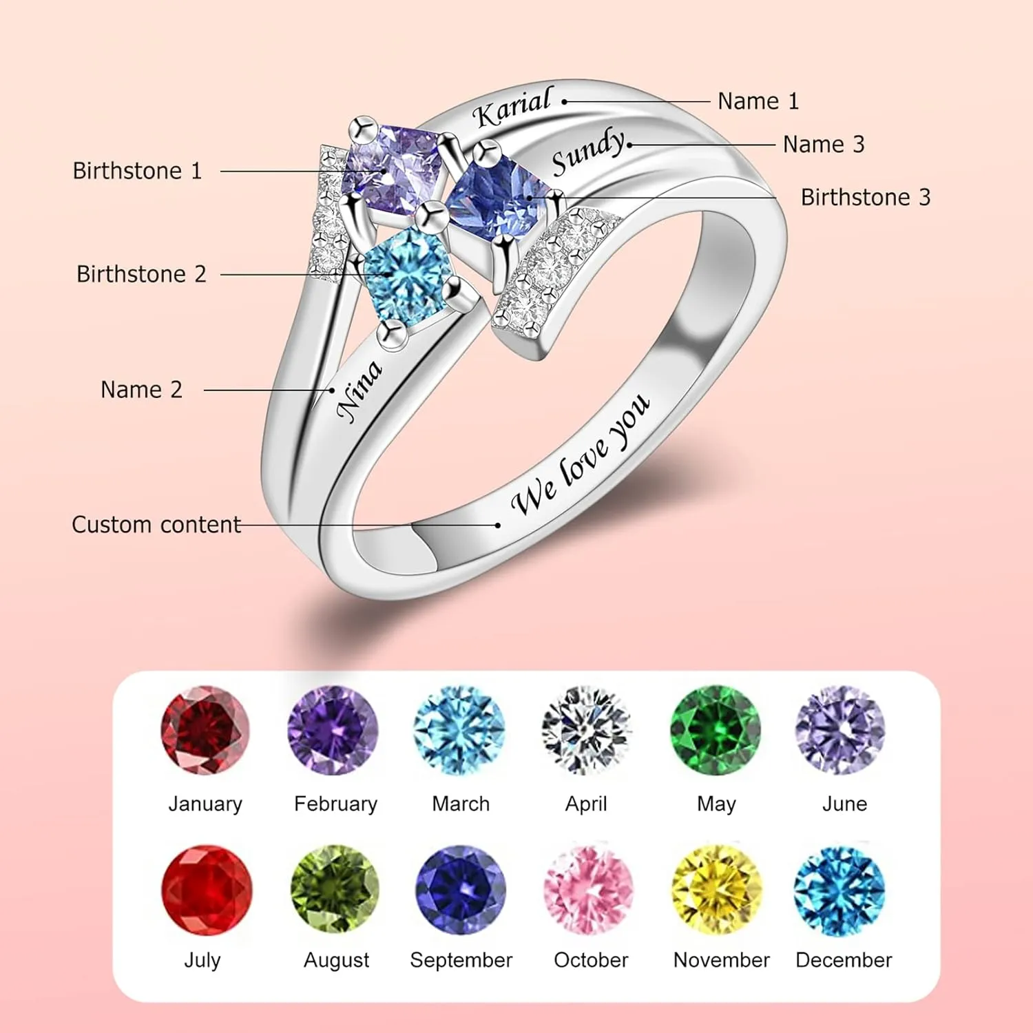 MissNaNa 925 Sterling Silver Personalized Mothers Rings with Simulated Birthstones Engraved 1-6 Family Names Mother's Day Rings Custom Family Rings for Women