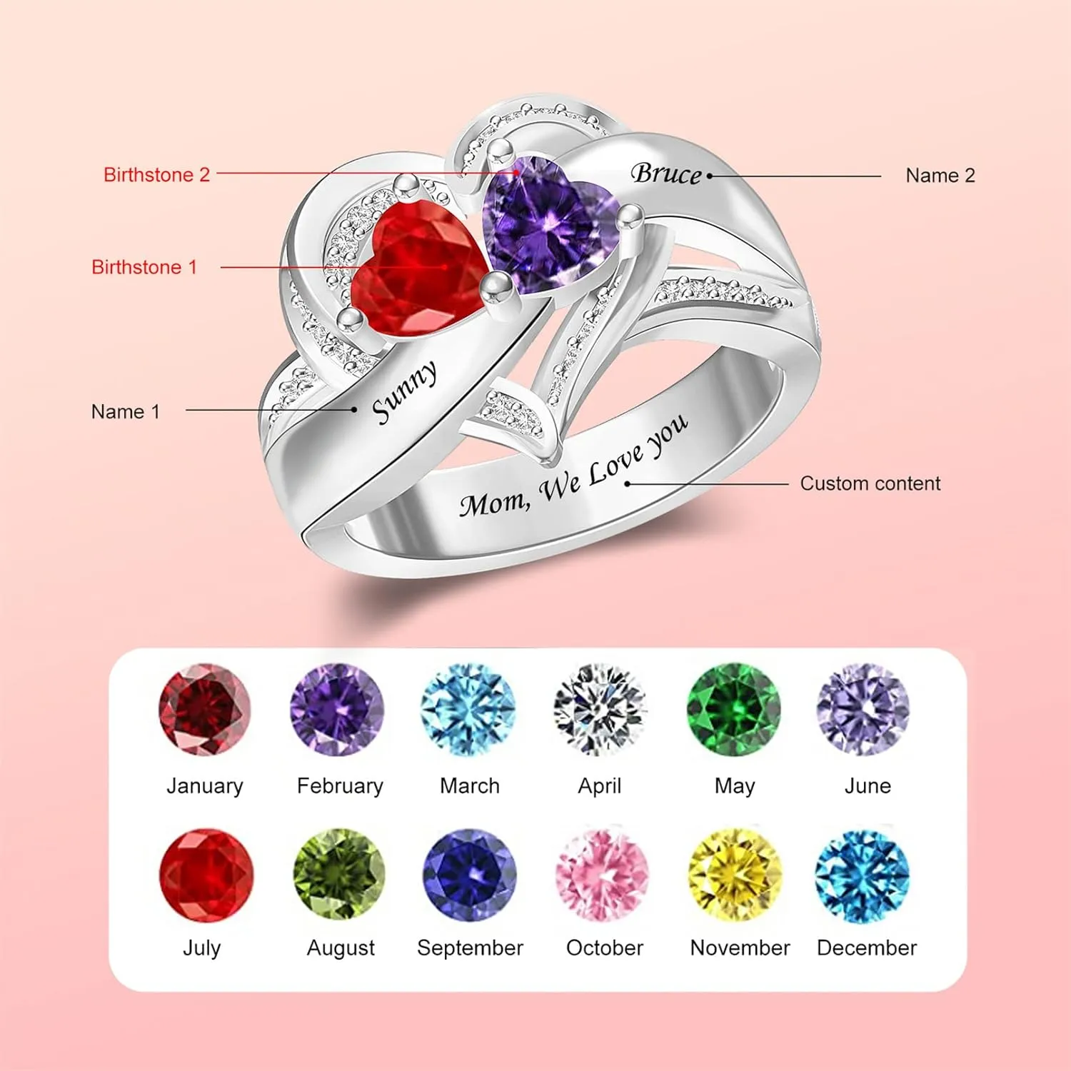 MissNaNa 925 Sterling Silver Personalized Mothers Rings with Simulated Birthstones Engraved 1-6 Family Names Mother's Day Rings Custom Family Rings for Women