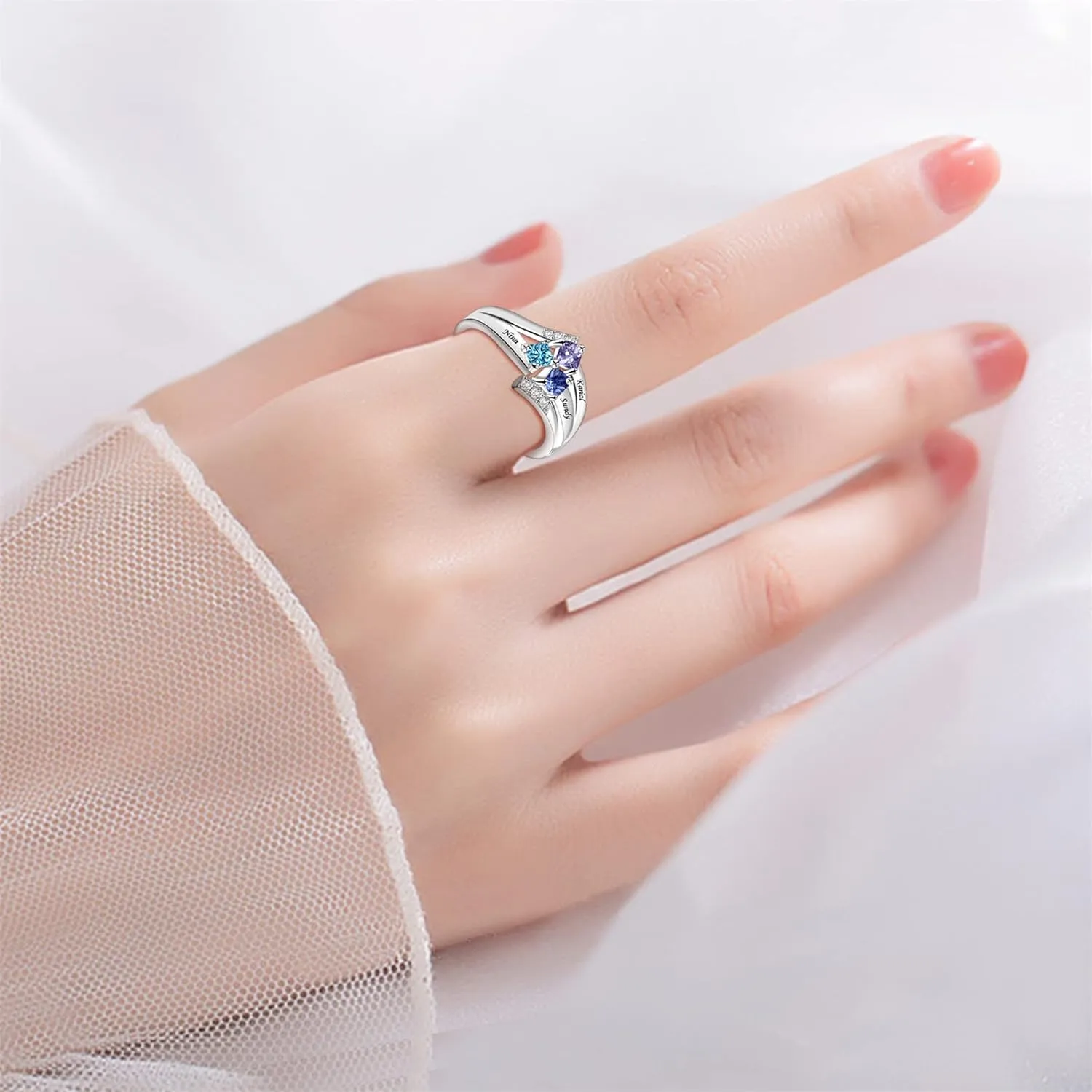 MissNaNa 925 Sterling Silver Personalized Mothers Rings with Simulated Birthstones Engraved 1-6 Family Names Mother's Day Rings Custom Family Rings for Women