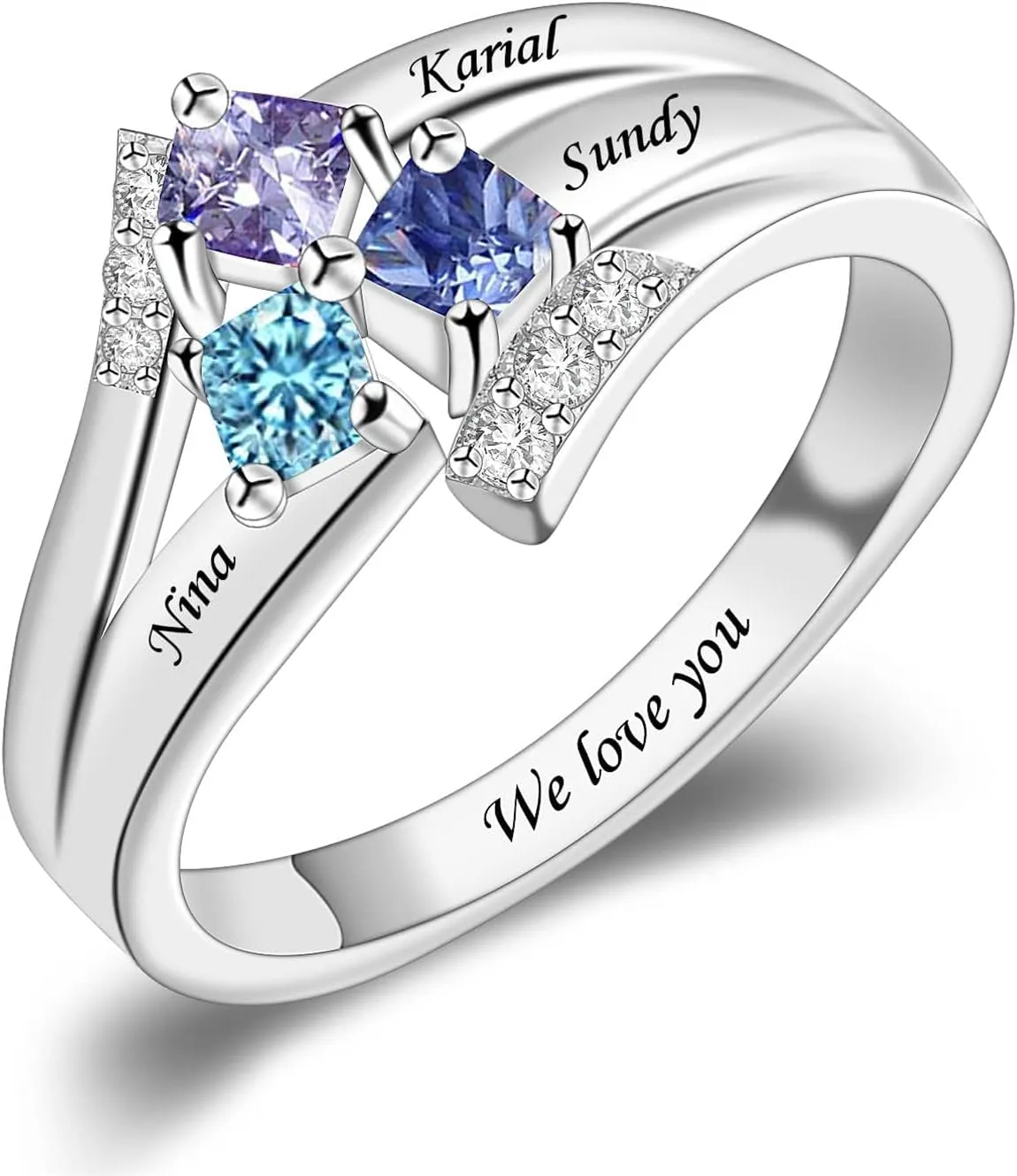MissNaNa 925 Sterling Silver Personalized Mothers Rings with Simulated Birthstones Engraved 1-6 Family Names Mother's Day Rings Custom Family Rings for Women