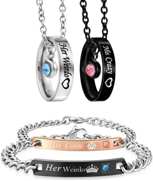 MJartoria Matching Necklaces and Bracelets for Couples, His and Hers Engraved Rhinestone Ring Pendant Set Gifts for Boyfriend Girlfriend