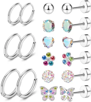 MJust 9 Pairs Flat Back Earrings for Women, 3 prs Hoops & 6 prs Studs Hypoallergenic Surgical Steel Earrings for Sensitive Ears, 20G Screw Back Cartilage Earrings Set with CZ & Opal