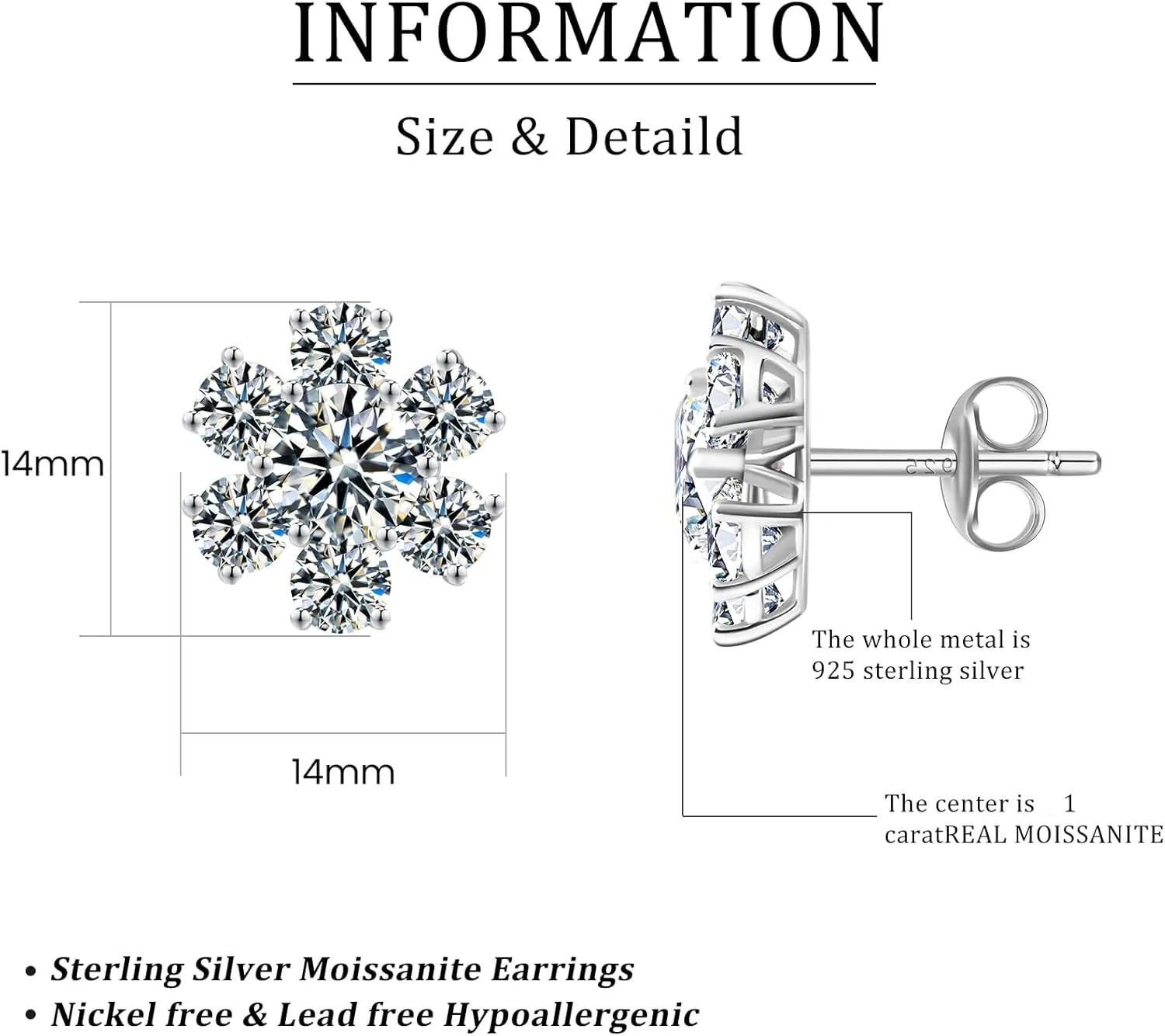 Moissanite Stud Earrings D Color VVS1 Clear Moissanite Earrings 18K Gold Plated 925 Sterling Silver Friction Base Hypoallergenic Earrings for Men Women