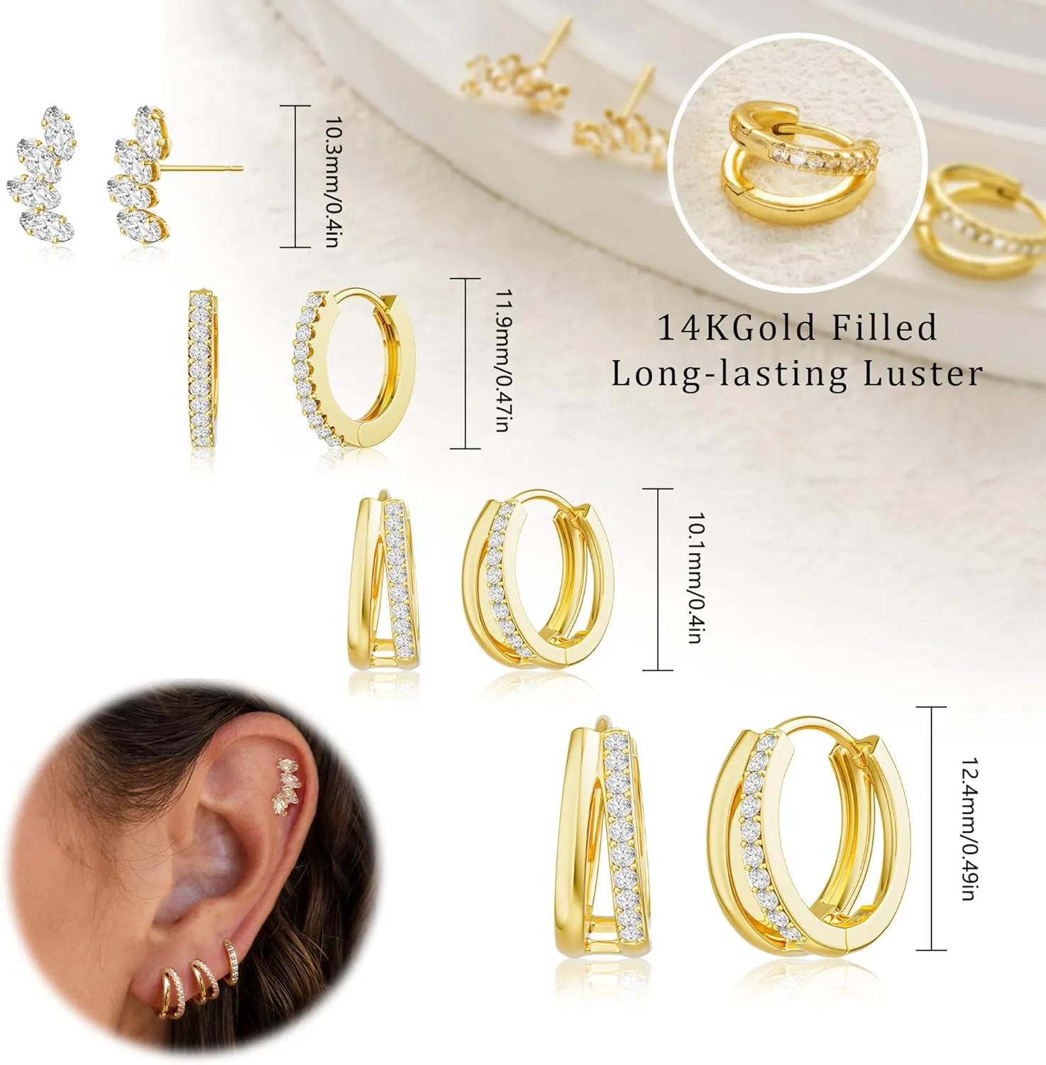 Moodear 3Pcs Chunky/Thin Ear Cuffs Non Piercing for Women - Dainty 14K Gold Plated Cuff Earring Trendy Cubic Zirconia Ear Cuff for Women Cartilage Jewelry Gift