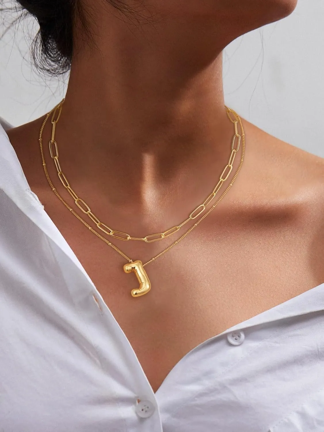 Moodear Bubble Letter Necklace Gold for Women Trendy Dainty 14K Gold Plated Bubble initial Necklace Layered Gold Initial Choker Pendant Necklaces for Women Name Necklace Personalised Gift