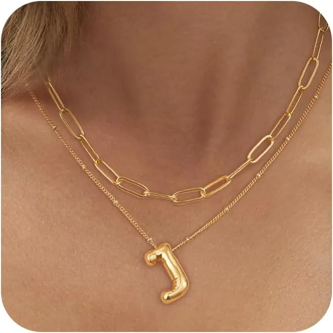 Moodear Bubble Letter Necklace Gold for Women Trendy Dainty 14K Gold Plated Bubble initial Necklace Layered Gold Initial Choker Pendant Necklaces for Women Name Necklace Personalised Gift