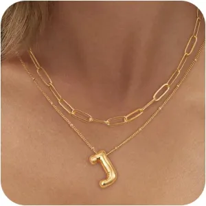Moodear Bubble Letter Necklace Gold for Women Trendy Dainty 14K Gold Plated Bubble initial Necklace Layered Gold Initial Choker Pendant Necklaces for Women Name Necklace Personalised Gift