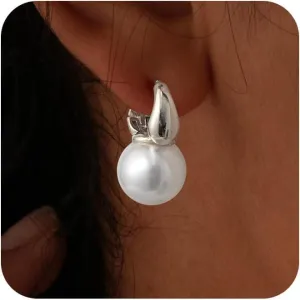 Moodear Pearl Earrings for Women Trendy 14K Gold Plated/925 Sterling Silver Pearl Drop Hoop Earrings Elegant Hypoallergenic Gold Pearl Dangle Earrings Wedding Jewelry Gifts for Women