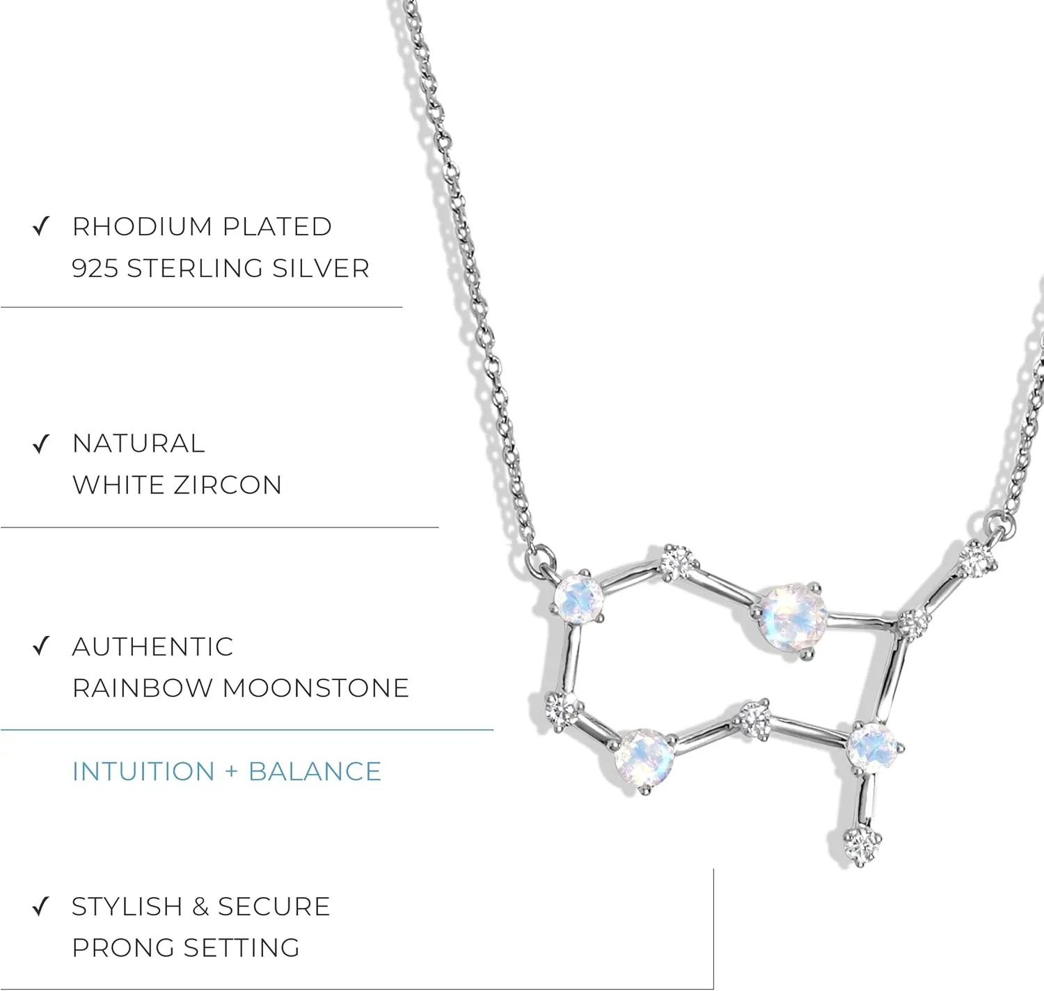 Moon Magic Moonstone Necklace - Zodiac Constellation / 925 Sterling Silver - 18k Rose Gold - Yellow Gold Zodiac Sign Necklaces for Women/Astrology & Horoscope Authentic Rainbow Moonstone Jewelry