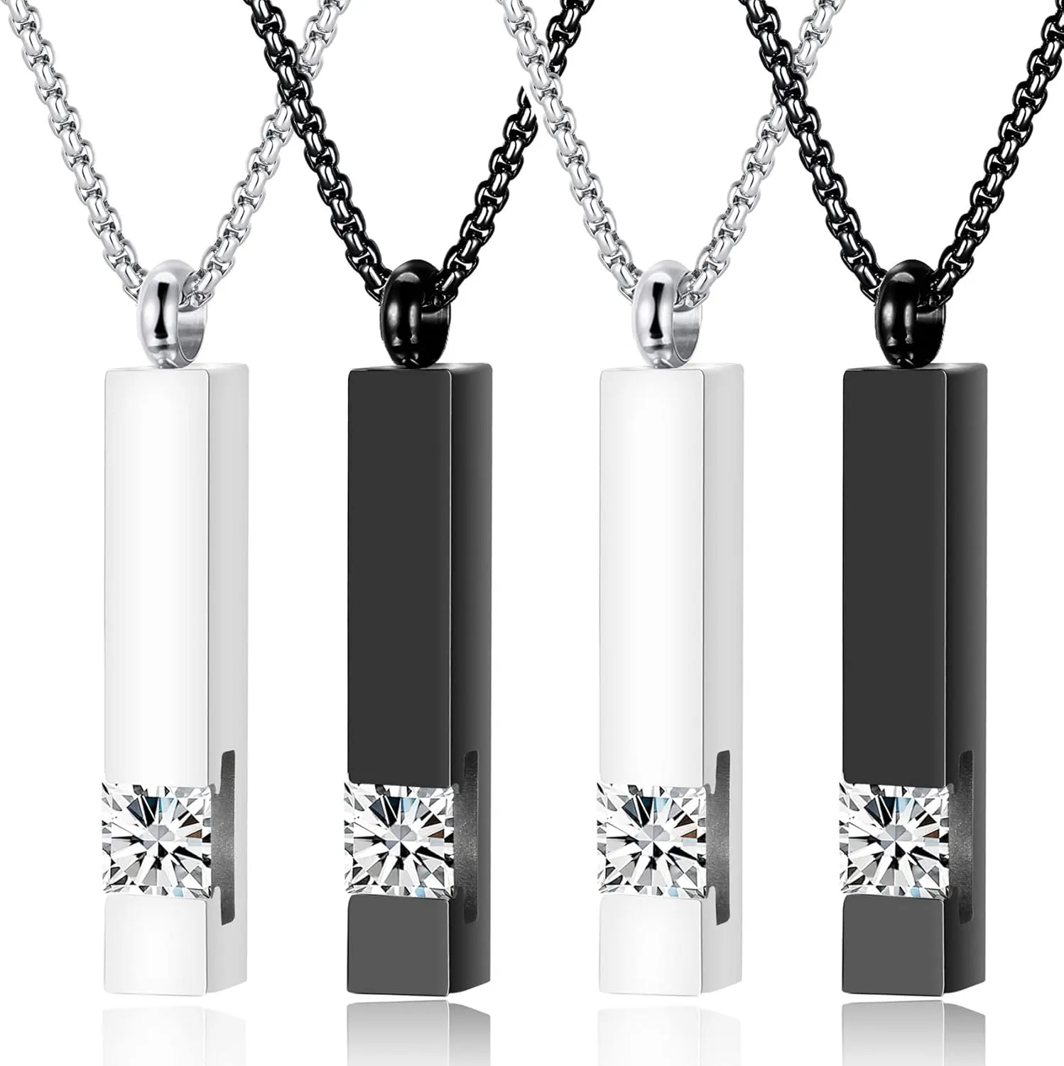 MOROTOLE 2 Pcs Urn Necklaces for Ashes Memorial Cremation Urn Necklace Stainless Steel Black Silver Tone Bar Pendant Necklace Ashes Keepsake Jewelry with Cubic Zirconia