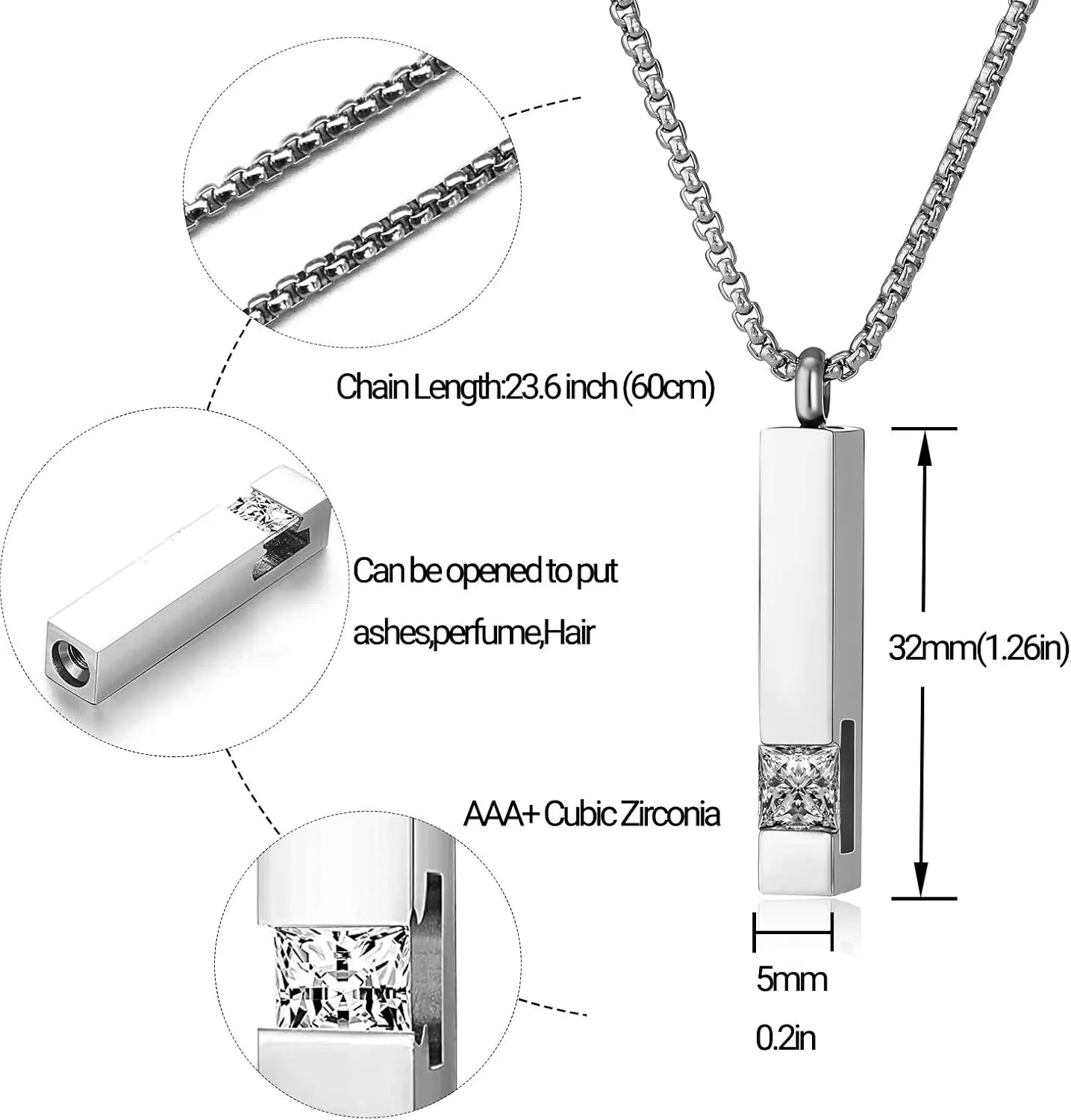 MOROTOLE 2 Pcs Urn Necklaces for Ashes Memorial Cremation Urn Necklace Stainless Steel Black Silver Tone Bar Pendant Necklace Ashes Keepsake Jewelry with Cubic Zirconia