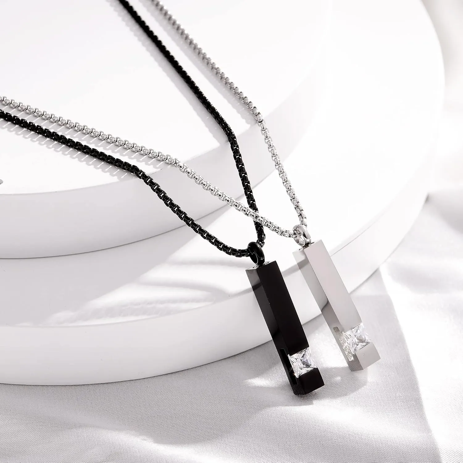 MOROTOLE 2 Pcs Urn Necklaces for Ashes Memorial Cremation Urn Necklace Stainless Steel Black Silver Tone Bar Pendant Necklace Ashes Keepsake Jewelry with Cubic Zirconia