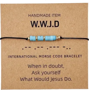 Morse Code Turquoise Beaded WWJD Bracelets WWJD Tiny Turquoise Stone Beads Morse Code String Rope Bracelets What Would Jesus Do Baptism Religious Christian GIft with Message Card